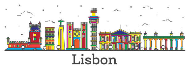 ilustrações de stock, clip art, desenhos animados e ícones de outline lisbon portugal city skyline with color buildings isolated on white. - taxi lisboa