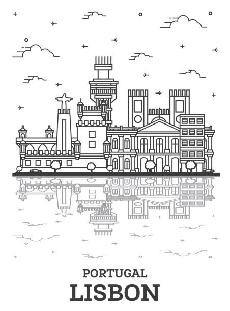 ilustrações de stock, clip art, desenhos animados e ícones de outline lisbon portugal city skyline with historic buildings and reflections isolated on white. - taxi lisboa