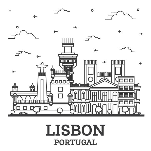 ilustrações de stock, clip art, desenhos animados e ícones de outline lisbon portugal city skyline with historic buildings isolated on white. - taxi lisboa