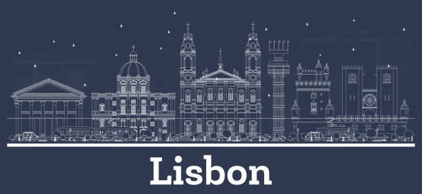 ilustrações de stock, clip art, desenhos animados e ícones de outline lisbon portugal city skyline with white buildings. - taxi lisboa