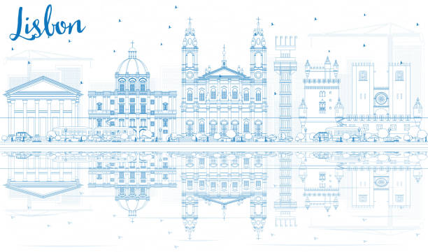 ilustrações de stock, clip art, desenhos animados e ícones de outline lisbon skyline with blue buildings and reflections. - taxi lisboa
