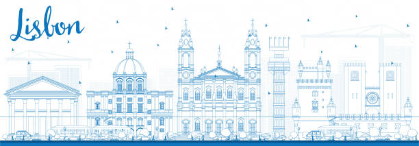ilustrações de stock, clip art, desenhos animados e ícones de outline lisbon skyline with blue buildings. - taxi lisboa