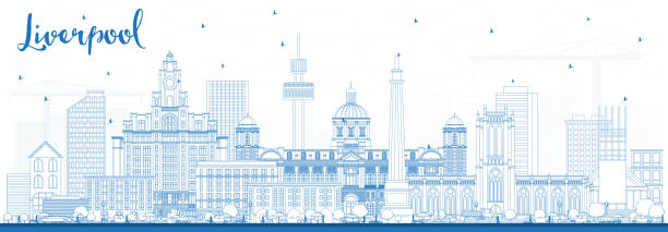 stockillustraties, clipart, cartoons en iconen met overzicht liverpool skyline met blauwe gebouwen. - liverpool