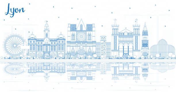 zarys lyon france city skyline z niebieskimi budynkami i odbiciami. - lyon stock illustrations