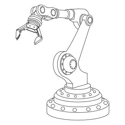 Outline mechanical robotic arm with gripper isolated on white. Vector illustration.