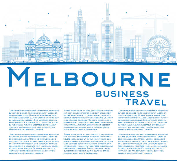 Outline Melbourne Skyline with Blue Buildings. Outline Melbourne Skyline with Blue Buildings. Vector Illustration. Business Travel and Tourism Concept with Copy Space. Image for Presentation Banner Placard and Web Site. arts centre melbourne stock illustrations
