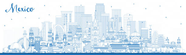 zarys meksyk (kraj) city skyline z niebieskimi budynkami. - tijuana stock illustrations