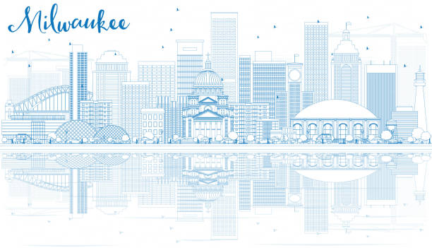 outline milwaukee skyline with blue buildings and reflections. - milwaukee 幅插畫檔、美工圖案、卡通及圖標