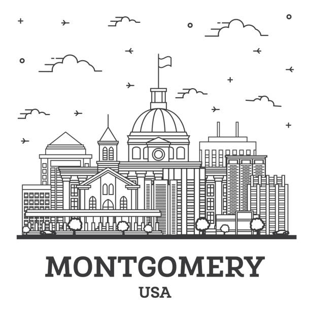 Garis Besar Montgomery Alabama USA City Skyline dengan Bangunan. 