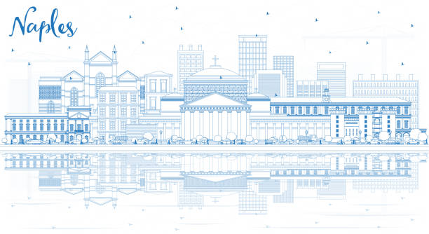 illustrazioni stock, clip art, cartoni animati e icone di tendenza di delinea napoli italia city skyline con edifici blu e riflessi. - napoli