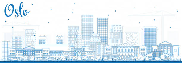 illustrazioni stock, clip art, cartoni animati e icone di tendenza di delinea lo skyline di oslo norvegia con edifici blu. - oslo