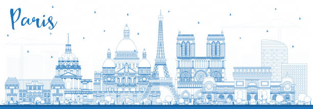 ilustraciones, imágenes clip art, dibujos animados e iconos de stock de contorno parís francia ciudad horizonte con edificios azules. - paris