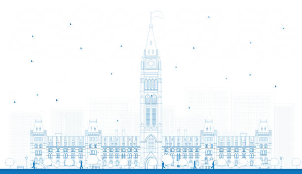 Outline Parliament Building in Ottawa, Canada. Outline Parliament Building in Ottawa, Canada. Vector illustration. Business Travel and Tourism Concept with Historic Building. Image for Presentation Banner Placard and Web Site. canadian culture illustrations stock illustrations