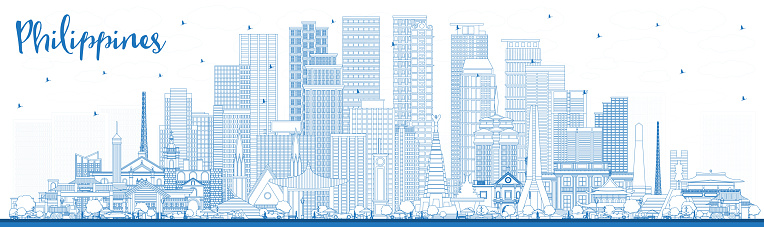 Outline Philippines City Skyline with Blue Buildings.
