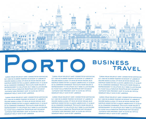ilustrações de stock, clip art, desenhos animados e ícones de outline porto portugal city skyline with blue buildings and copy space. - oporto