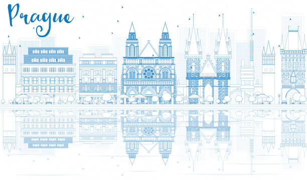 Outline Prague skyline with blue buildings and reflections. Outline Prague skyline with blue buildings and reflections. Vector illustration. Business travel and tourism concept with place for text. Image for presentation, banner, placard and web site. hradcany castle stock illustrations