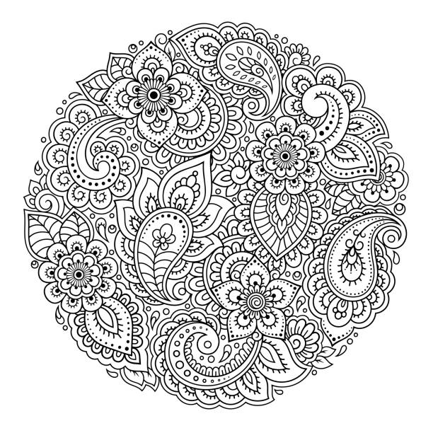 Outline round flower pattern in mehndi style for coloring book page. Antistress for adults and children. Doodle ornament in black and white. Hand draw vector illustration. Outline round flower pattern in mehndi style for coloring book page. Antistress for adults and children. Doodle ornament in black and white. Hand draw vector illustration. flower coloring pages stock illustrations