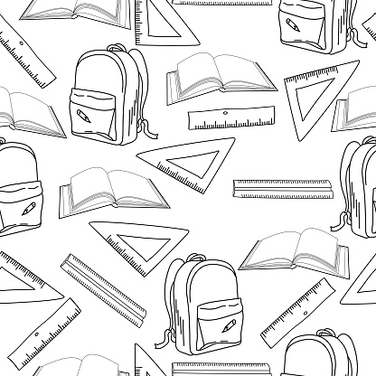Outline seamless pattern with backpack, ruler and open book, coloring page for back to school, vector illustration