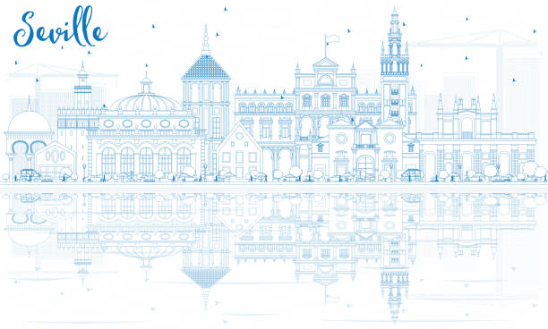 очертуйте горизонт севильи с голубыми зданиями и отражениями. - sevilla stock illustrations
