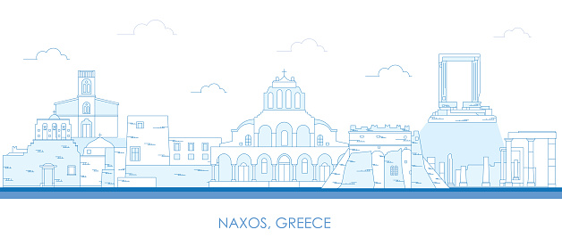 Outline Skyline panorama of  Naxos, Cyclades Islands, Greece