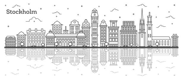 bildbanksillustrationer, clip art samt tecknat material och ikoner med kontur stockholm sverige stadssilhuetten med historiska byggnader och reflektioner isolerade på vitt. - stockholm