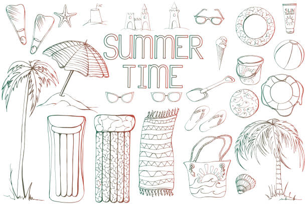 ilustrações de stock, clip art, desenhos animados e ícones de outline summer sea beach set with hand-drawn elements - beach towel