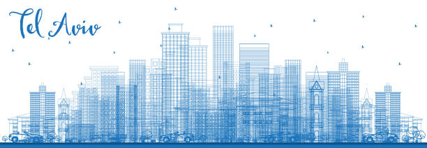 очертуйте тель-авив израиль скайлайн с голубыми зданиями. - tel aviv stock illustrations