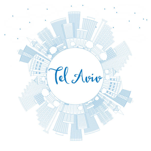 大綱電話特拉維夫天際線與藍色建築物和副本空間。 - tel aviv 幅插畫檔、美工圖案、卡通及圖標