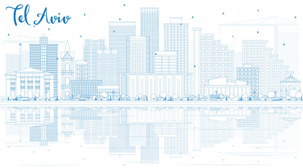 очертуйте горизонт тель-авива с голубыми зданиями и отражениями. - tel aviv stock illustrations