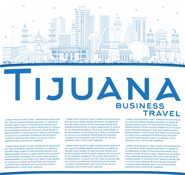 概述蒂華納墨西哥城天際線與藍色建築和複製空間。 - tijuana 幅插畫檔、美工圖案、卡通及圖標