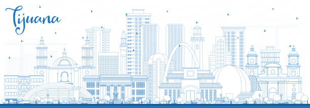 очертуйте горизонт тихуаны мехико с голубыми зданиями. - tijuana stock illustrations