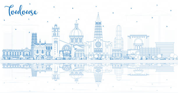 illustrations, cliparts, dessins animés et icônes de décrivez toulouse france city skyline avec des bâtiments bleus et des réflexions. - toulouse
