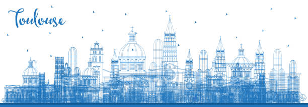 illustrations, cliparts, dessins animés et icônes de décrivons toulouse france city skyline with blue buildings. - toulouse
