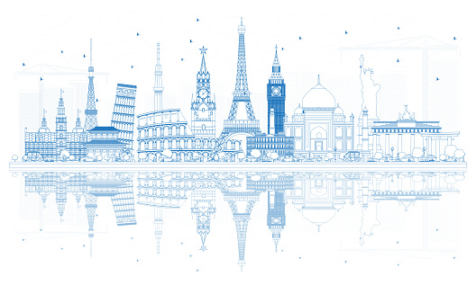 Outline Travel Concept Around the World with Famous International Landmarks.