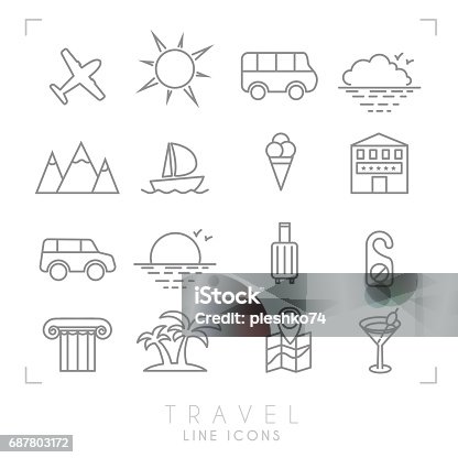 istock Outline travel line icons set. Airplane, sun, bus, cloud horizon, mountains, yacht, hotel, rent car, luggage, do not disturb message, ionic column, palms, map with points, cocktail and ice cream. 687803172