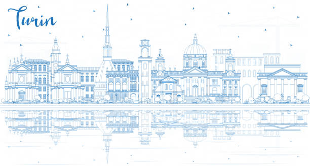 umriss turin italien stadt skyline mit blauen gebäuden und reflexionen. - torino stock-grafiken, -clipart, -cartoons und -symbole
