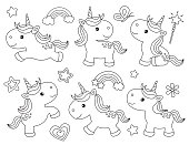 Outline cute unicorns for coloring. Unicorns line art vector illustration.