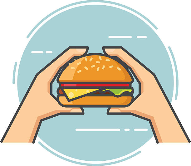 illustrations, cliparts, dessins animés et icônes de main vectorielle de contour tenant un hamburger - eating burger