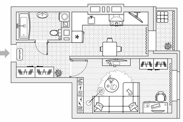 Outline Vector of simple Furniture plan, Floor Plan symbol as architecture design elements. A set of icon collection isolated on white background. Architectural plan of studio apartment with kitchen and bedroom. Small house top view. Floor plan with furniture placement. The interior design project. Vector. architecture symbols stock illustrations