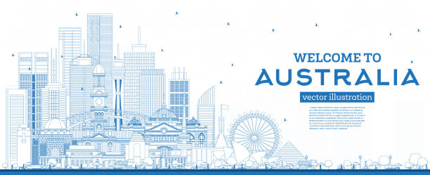 Outline Welcome to Australia Skyline with Blue Buildings. Outline Welcome to Australia Skyline with Blue Buildings. Vector Illustration. Tourism Concept with Historic Architecture. Australia Cityscape with Landmarks. Sydney. Melbourne. Canberra. Brisbane. arts centre melbourne stock illustrations