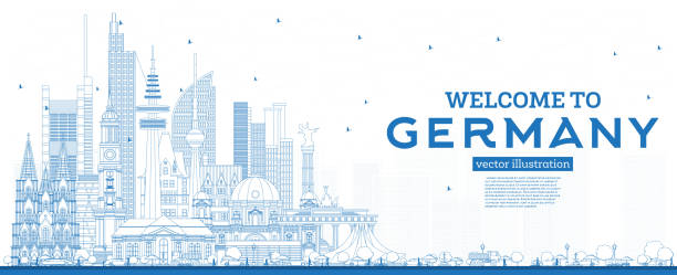 outline welcome to germany skyline mit blue buildings. - frankfurt stock-grafiken, -clipart, -cartoons und -symbole
