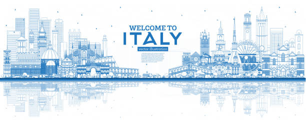 illustrazioni stock, clip art, cartoni animati e icone di tendenza di contorno benvenuto in italy city skyline con edifici blu e riflessi. - bologna roma