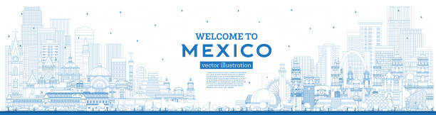 mavi binalar ile mexico city skyline hoşgeldiniz anahat. - tijuana stock illustrations