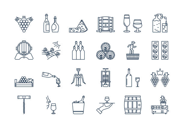 ilustrações de stock, clip art, desenhos animados e ícones de 04 outline wine production icon set - sniffing glass