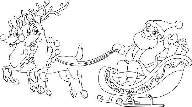 Outlined Santa sleigh Outlined Santa riding his sleigh funny santa cartoon pictures stock illustrations