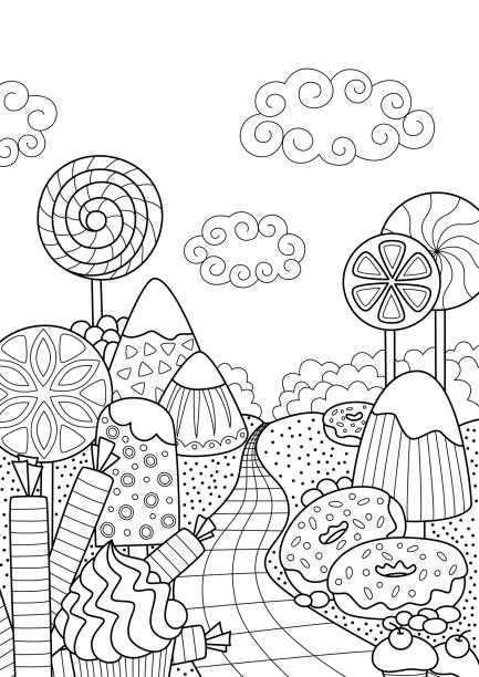 Outlined vector doodle anti-stress coloring book page sweet forest. For adults and children Outlined vector doodle anti-stress coloring book page sweet forest. For adults and children. Stock vector cupcakes coloring pages stock illustrations