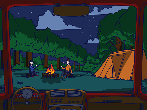 Outside view of a campfire and people roasting smore near a camping tent viewed from the inside of a van, camping car.