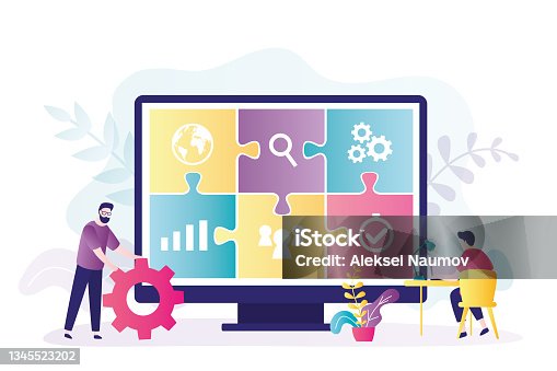 istock Outsourcer transfers responsibilities and affairs to other companies. Big puzzle on computer screen 1345523202