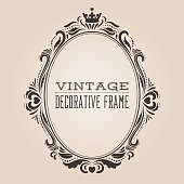 Oval vintage ornate border frame, victorian and royal baroque style decorative design. Elegant oval frame shape with crown, hearts and swirls for labels, icon and pictures. Vector illustration.