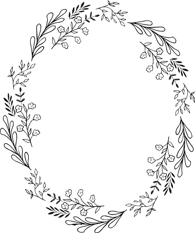 Oval Wreath Of Flowers And Herbs Black Silhouette Vector Card Template ...
